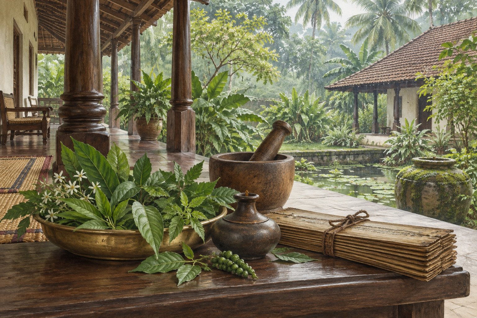 കേരളീയമായ ഒരു മുറ്റത്തിന്റെ പശ്ചാത്തലത്തിൽ ഔഷധസസ്യങ്ങളുടെ ഇലകളും എണ്ണപ്പാത്രവും താളിയോലകളും കാണിക്കുന്ന സാങ്കൽപ്പിക ചിത്രം.